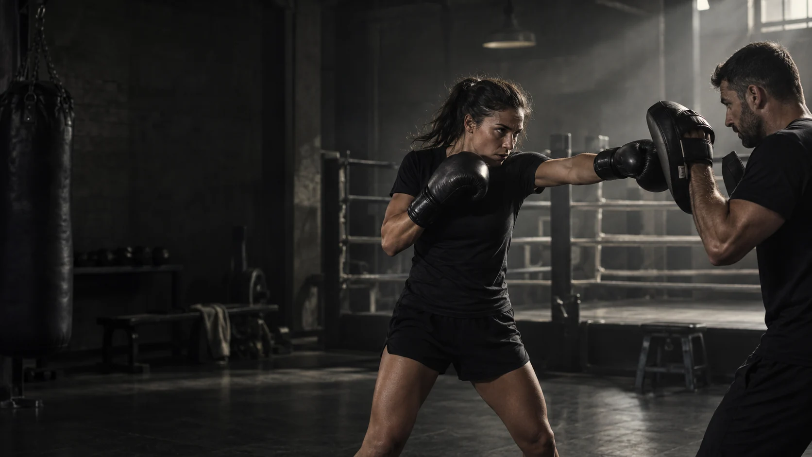 Illustrative scene of a boxer practising a punch with a pad-holding coach in a boxing ring