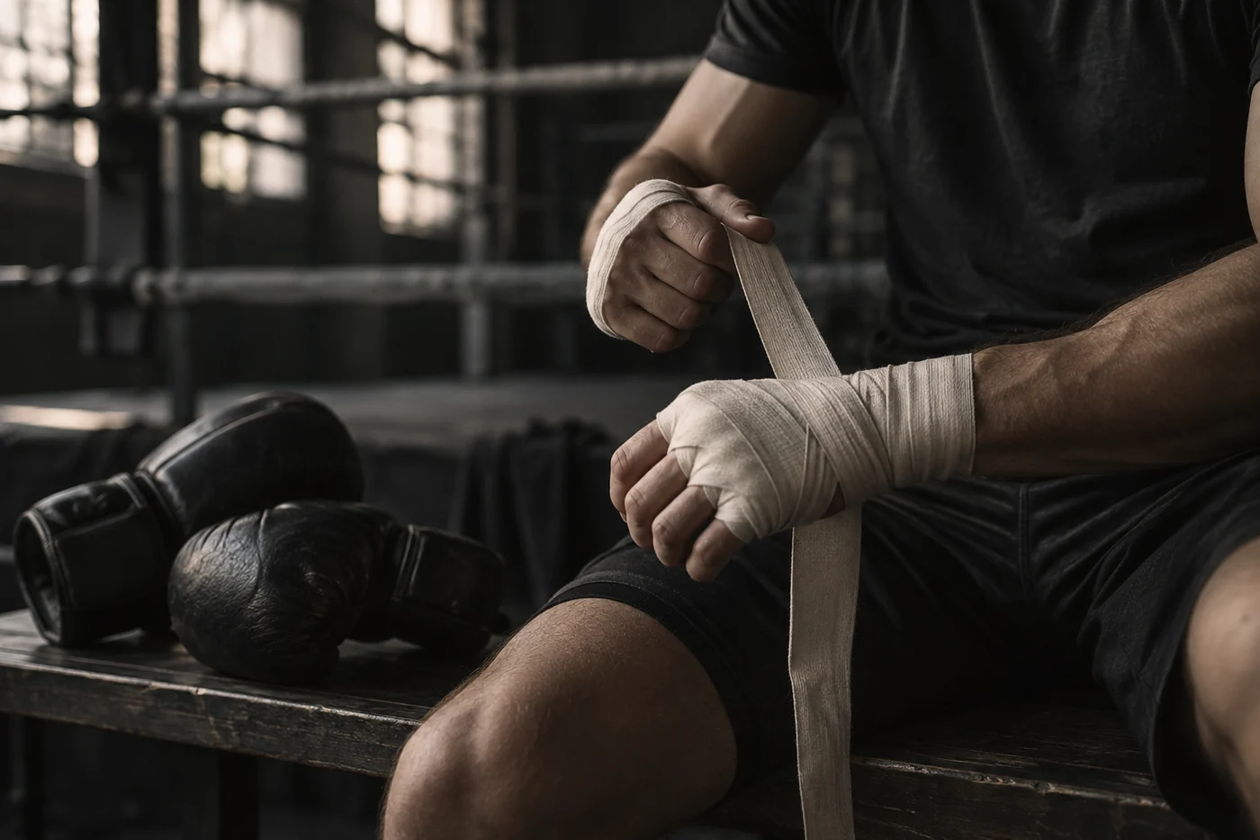Illustrative close-up of a boxer preparing hand wraps beside training gloves